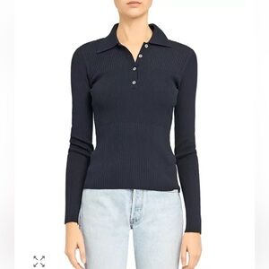 Theory Stretch Ribbed Polo Sweater in Navy Blue Wool Blend